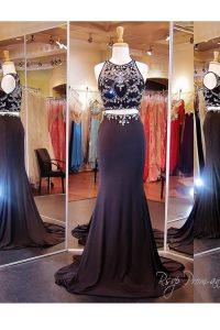Luxurious Black Two Pieces Elastic Woven Satin Scoop Sleeveless Beading and Appliques With Train Zipper Prom Party Dress