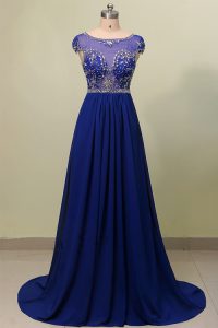 Vintage Scoop Cap Sleeves Chiffon With Train Zipper Dress for Prom in Blue with Beading and Appliques