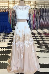 Inexpensive Champagne Backless Prom Dress Beading and Lace Cap Sleeves Floor Length