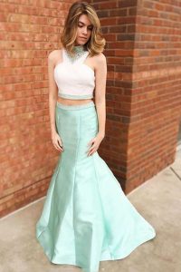 Mermaid Apple Green Zipper Halter Top Beading and Lace Prom Party Dress Satin Sleeveless