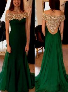 Artistic Pleated Dark Green Prom Evening Gown Off The Shoulder Short Sleeves Sweep Train Side Zipper
