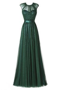 Affordable Dark Green Scoop Zipper Beading and Pleated Cap Sleeves
