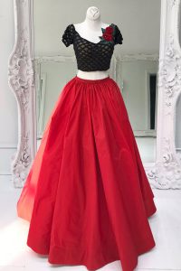 Fine Short Sleeves Beading and Ruffles Zipper Prom Gown