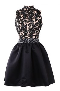 Black A-line High-neck Sleeveless Satin Knee Length Backless Beading and Appliques Prom Gown
