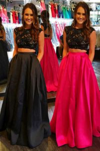 High Class Scoop Cap Sleeves Floor Length Lace and Ruching Backless Prom Gown with Black