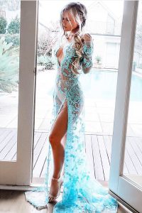 Simple Blue Lace Zipper Prom Dress Long Sleeves Brush Train Beading and Appliques
