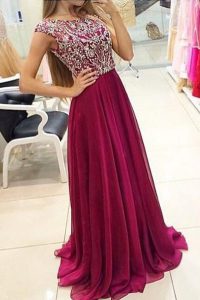 Cap Sleeves With Train Beading Zipper Prom Party Dress with Burgundy Sweep Train