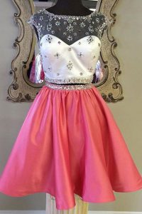 Vintage Rose Pink Bateau Neckline Sashes ribbons Prom Evening Gown Cap Sleeves Zipper