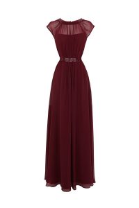 Colorful Chiffon Scoop Cap Sleeves Zipper Beading Prom Gown in Burgundy