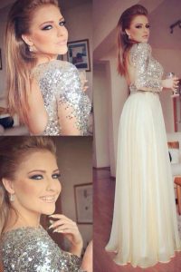Champagne Column/Sheath Scoop Long Sleeves Organza and Sequined Floor Length Backless Sequins Evening Dress
