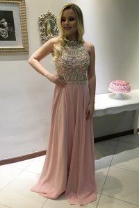 Eye-catching Scoop Chiffon Sleeveless With Train Prom Party Dress Sweep Train and Beading