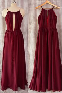 Simple Burgundy A-line Ruching Evening Dress Zipper Chiffon Sleeveless Floor Length