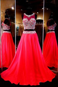 Scoop With Train A-line Sleeveless Red Prom Evening Gown Sweep Train Backless