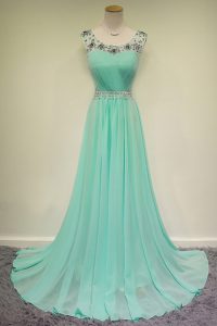 Chic Turquoise Column/Sheath Chiffon Scoop Sleeveless Beading With Train Zipper Dress for Prom Brush Train