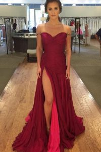 Custom Fit Off the Shoulder Burgundy Sleeveless Sweep Train Beading and Pleated Prom Gown