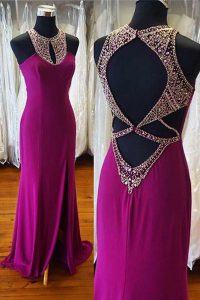 Nice Scoop Backless Dress for Prom Fuchsia for Prom with Beading Sweep Train
