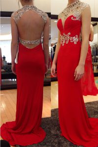 Glorious Red Column/Sheath High-neck Sleeveless Chiffon With Train Sweep Train Backless Beading Prom Gown