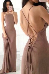 High Quality Brown Elastic Woven Satin Criss Cross Spaghetti Straps Sleeveless With Train Prom Party Dress Sweep Train R