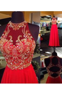Popular Red Chiffon Criss Cross High-neck Sleeveless Floor Length Evening Dress Beading and Appliques