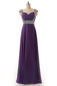 Simple Purple Lace Up Straps Beading and Ruching Prom Party Dress Chiffon Cap Sleeves