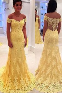 Yellow Column/Sheath Off The Shoulder Sleeveless Lace With Brush Train Side Zipper Lace Prom Party Dress
