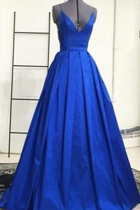 Decent Sleeveless Satin Sweep Train Criss Cross Prom Dress in Royal Blue with Ruching