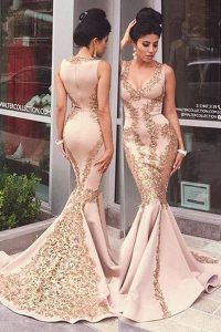 Exquisite Mermaid Scoop Sleeveless With Train Beading and Appliques Zipper Evening Dress with Pink Sweep Train