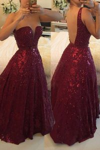 Lace Burgundy Backless Dress for Prom Beading Sleeveless Floor Length