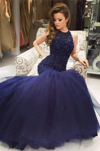 Fancy Mermaid Scoop Navy Blue Backless Prom Gown Beading Sleeveless Floor Length