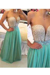 Turquoise Column/Sheath Sweetheart Sleeveless Chiffon Floor Length Zipper Beading Prom Evening Gown