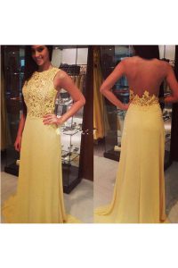 Dynamic Yellow A-line Chiffon and Tulle Scoop Sleeveless Lace Floor Length Backless Prom Evening Gown