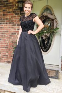 Deluxe Scoop Satin Cap Sleeves Floor Length Homecoming Dress and Beading