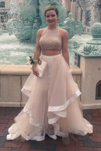 Scoop Sequins Champagne Sleeveless Tulle Zipper Prom Dress for Prom and Party