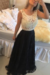 Edgy Scoop White And Black Column/Sheath Beading and Lace Dress for Prom Side Zipper Lace Sleeveless Floor Length