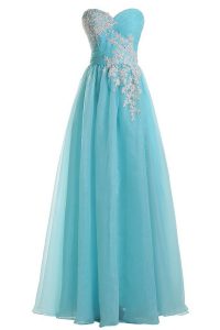 Glittering Floor Length Zipper Dress for Prom Blue for Prom with Appliques
