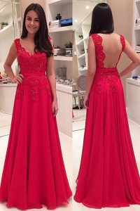 Red A-line Chiffon V-neck Sleeveless Lace Floor Length Backless Prom Dresses