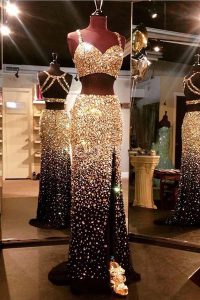 Dramatic Mermaid Gold Backless Dress for Prom Beading Sleeveless With Train Sweep Train