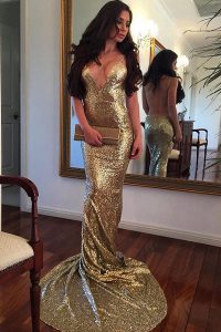Mermaid Sequins Homecoming Dress Gold Backless Sleeveless With Train Sweep Train