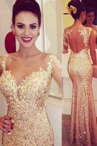 Mermaid Gold Long Sleeves Floor Length Lace and Appliques and Sequins Backless Prom Evening Gown