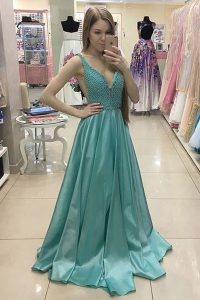 Nice Green Dress for Prom Prom and For with Beading V-neck Sleeveless Sweep Train Zipper
