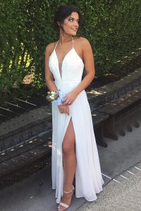 Halter Top Sleeveless Floor Length Pleated Backless Dress for Prom with White