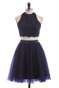 Modern Halter Top Knee Length A-line Sleeveless Navy Blue Prom Dress Zipper