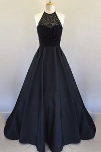 New Arrival Halter Top Sleeveless Dress for Prom Floor Length Beading and Pleated Black Satin