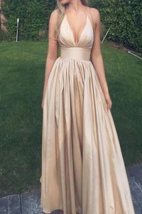 Delicate Halter Top Sleeveless Taffeta Floor Length Zipper Prom Dresses in Champagne with Ruching
