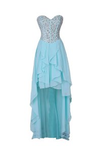 Attractive Sweetheart Sleeveless Prom Gown High Low Beading Blue Chiffon