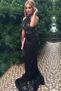 Latest Mermaid Black Elastic Woven Satin Zipper Prom Evening Gown Sleeveless With Train Sweep Train Lace and Appliques