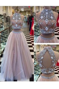 Inexpensive Pink Tulle Zipper Evening Dress Sleeveless Floor Length Beading
