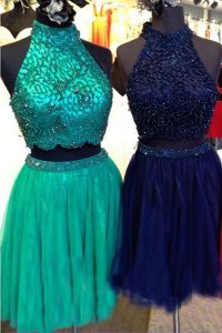 Sleeveless Tulle Knee Length Zipper Dress for Prom in Turquoise with Beading