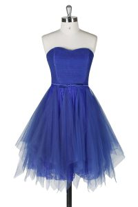 Suitable Lace Knee Length A-line Sleeveless Royal Blue Homecoming Dress Zipper