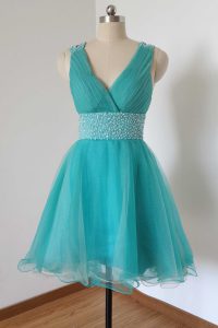 Aqua Blue Sleeveless Knee Length Beading Criss Cross Prom Evening Gown